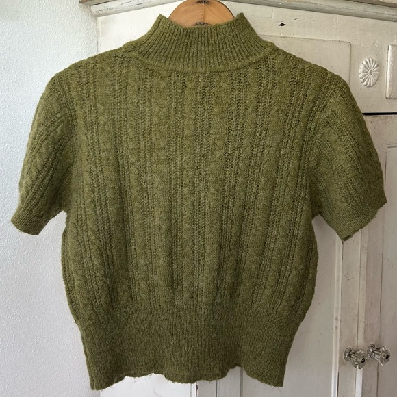 Cider | Women’s Olive Green Short Sleeve Cable Knit Mock Neck Sweater Size 0XL - Picture 7 of 16